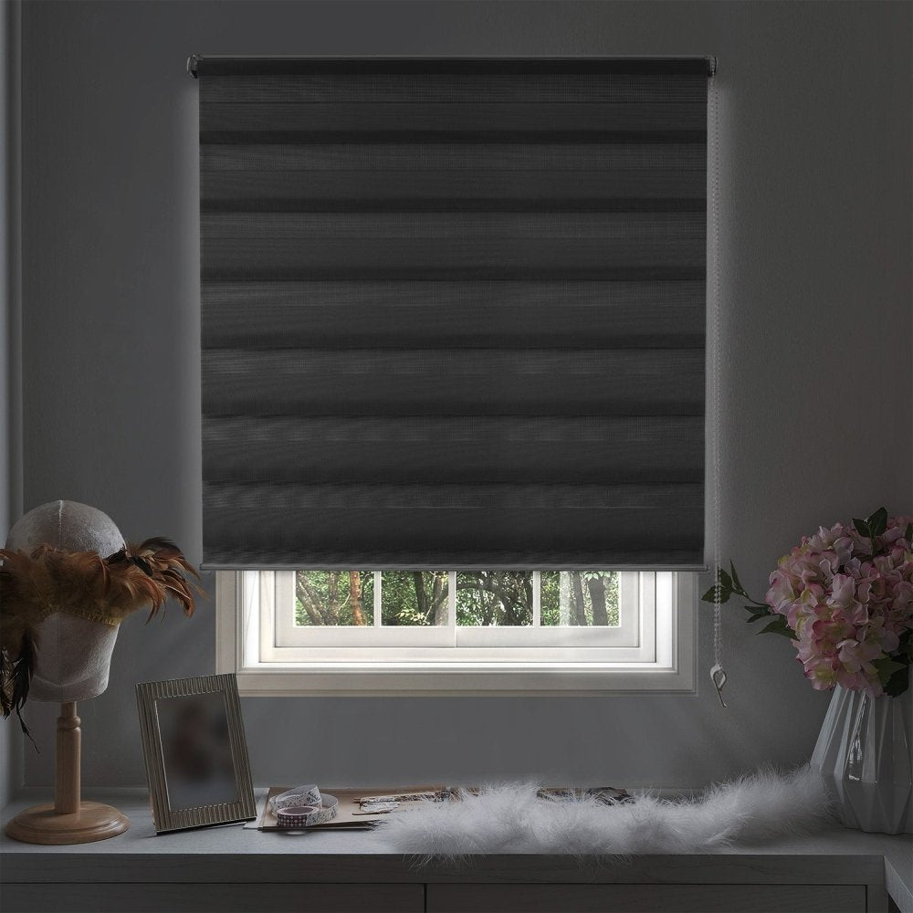 Zebra Dual Roller Blinds With Valance - Horizontal Window Shades, Blackout, 27" X 69"