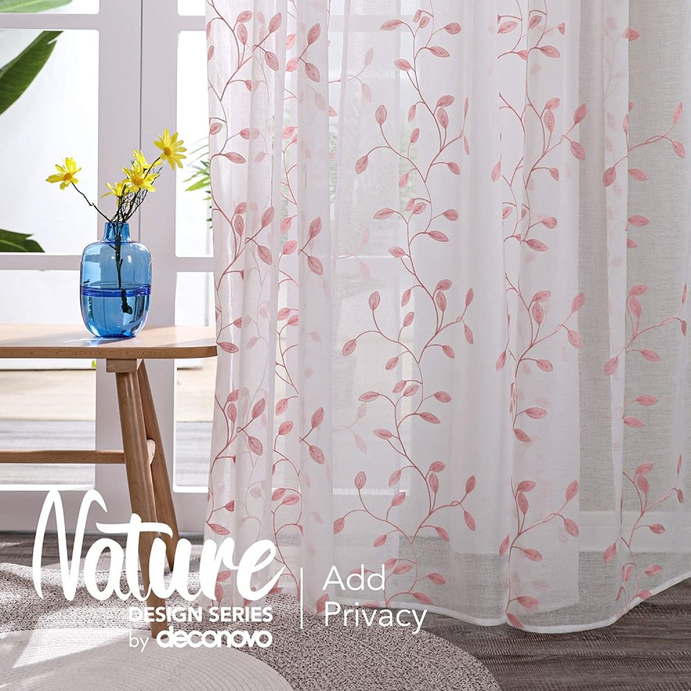 Deconovo Set of 2 Floral Sheer Curtains with Leaf Pattern- Rod Pocket ...