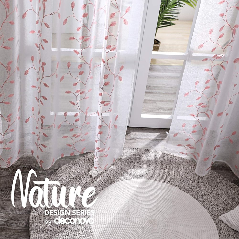 Deconovo Set of 2 Floral Sheer Curtains with Leaf Pattern- Rod