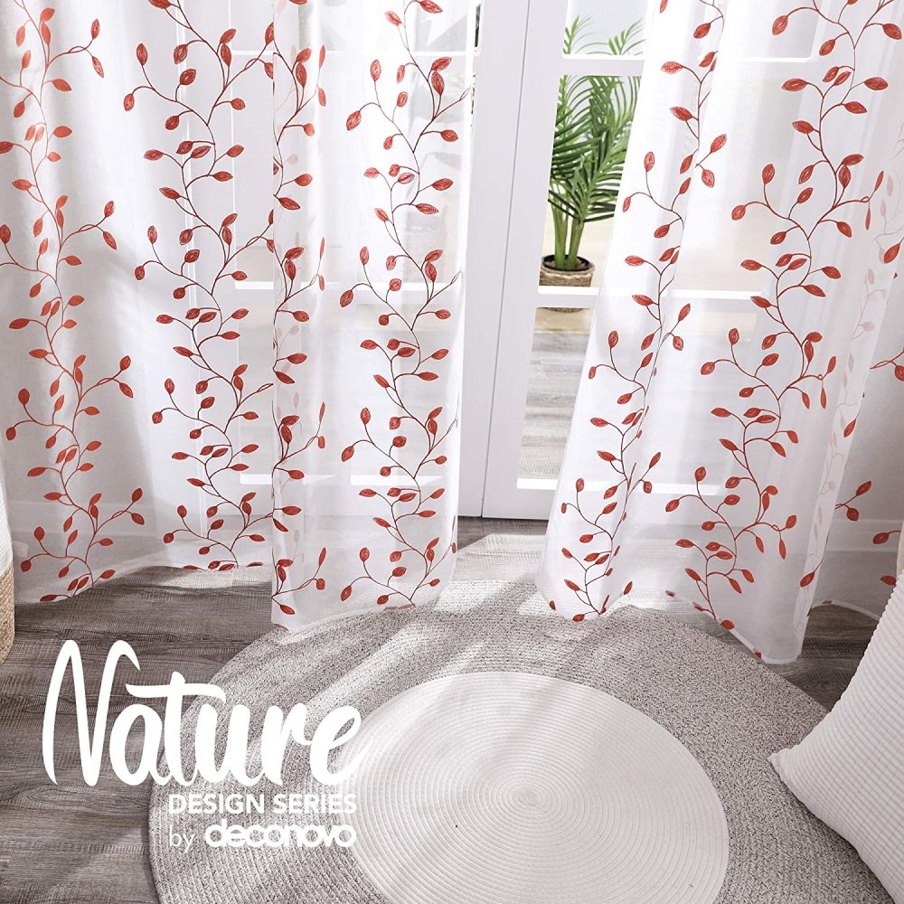 Deconovo Set of 2 Floral Sheer Curtains with Leaf Pattern- Rod